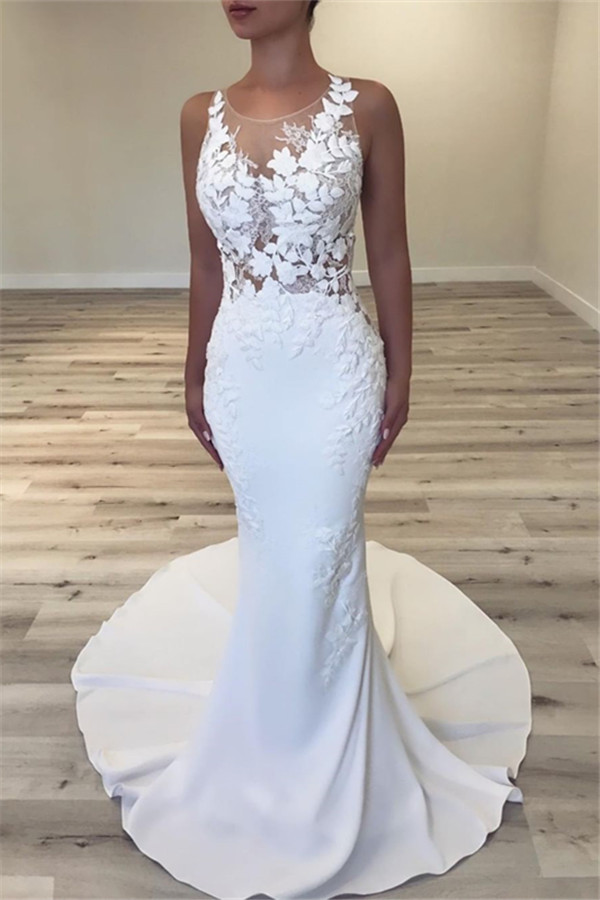 2021 Sexy Sleeveless Mermaid Wedding Dresses | Scoop Flowers Bridal Gowns with Buttons-newarrivaldress