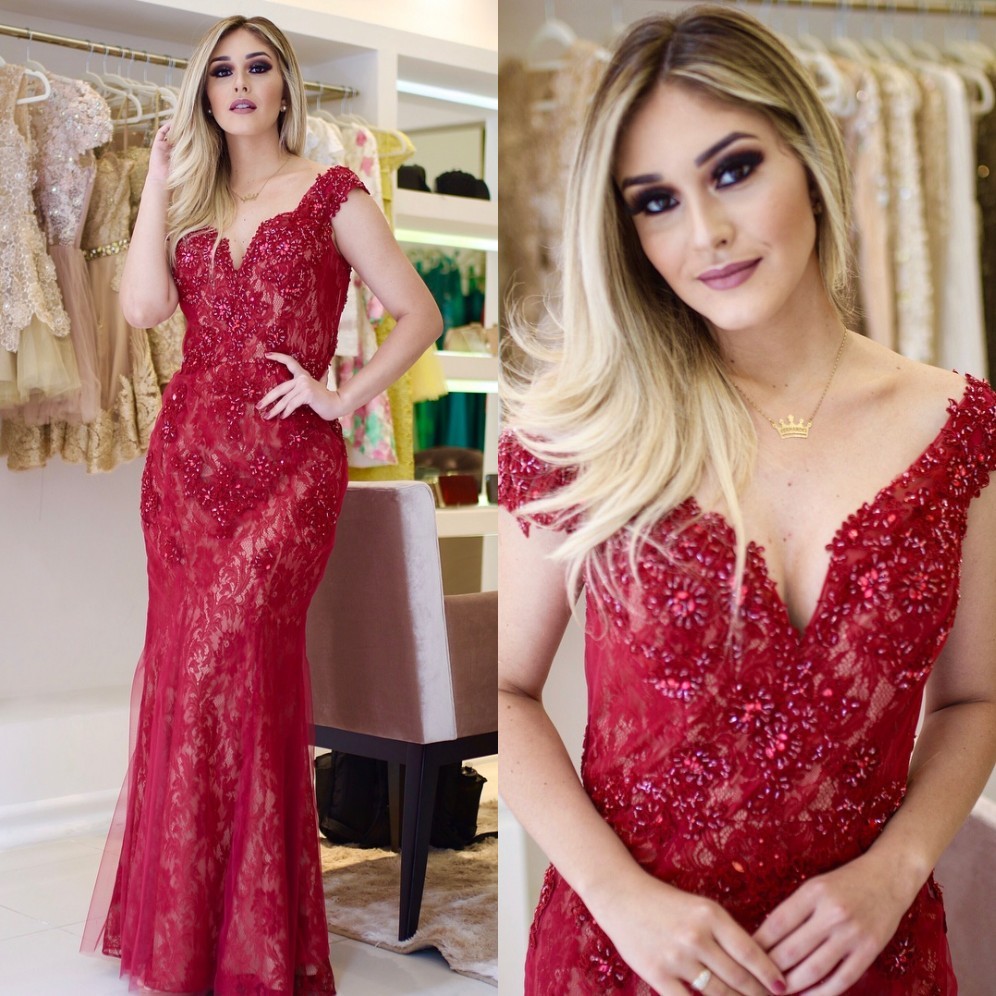 Lace V-Neck Glamorous Cap Mermaid Beading Sleeves Prom Dresses-newarrivaldress