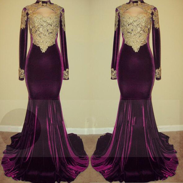 Gold Lace Appliques Velvet Prom Dresses | Mermaid Long Sleeve Prom Gowns on Mannequins BA7801-newarrivaldress