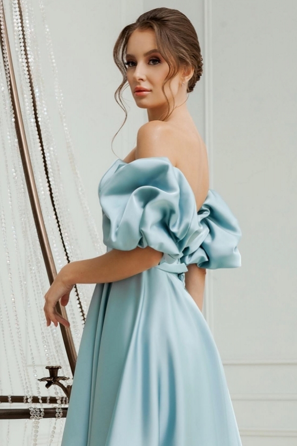Puff Sleeve Sky Blue Satin Short Evening Party Dress Belt Aline Formal Dress for Summer-newarrivaldress