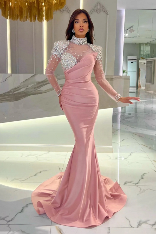 Glitter Sequins Dusty Pink Ruffle Satin Mermaid Prom Dress with Sleeves-newarrivaldress