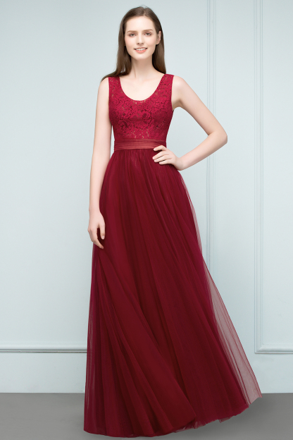 JULIANNA | A-line Scoop Long Sleevless Lace Top Burgundy Tulle Prom Dresses-newarrivaldress