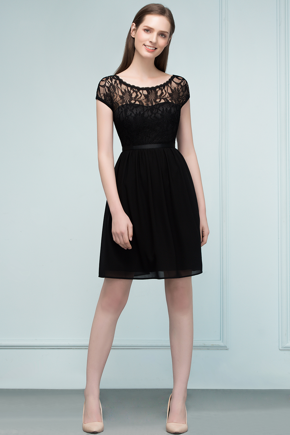 REBECCA | A-line Short Scoop Lace Top Chiffon Bridesmaid Dresses-newarrivaldress