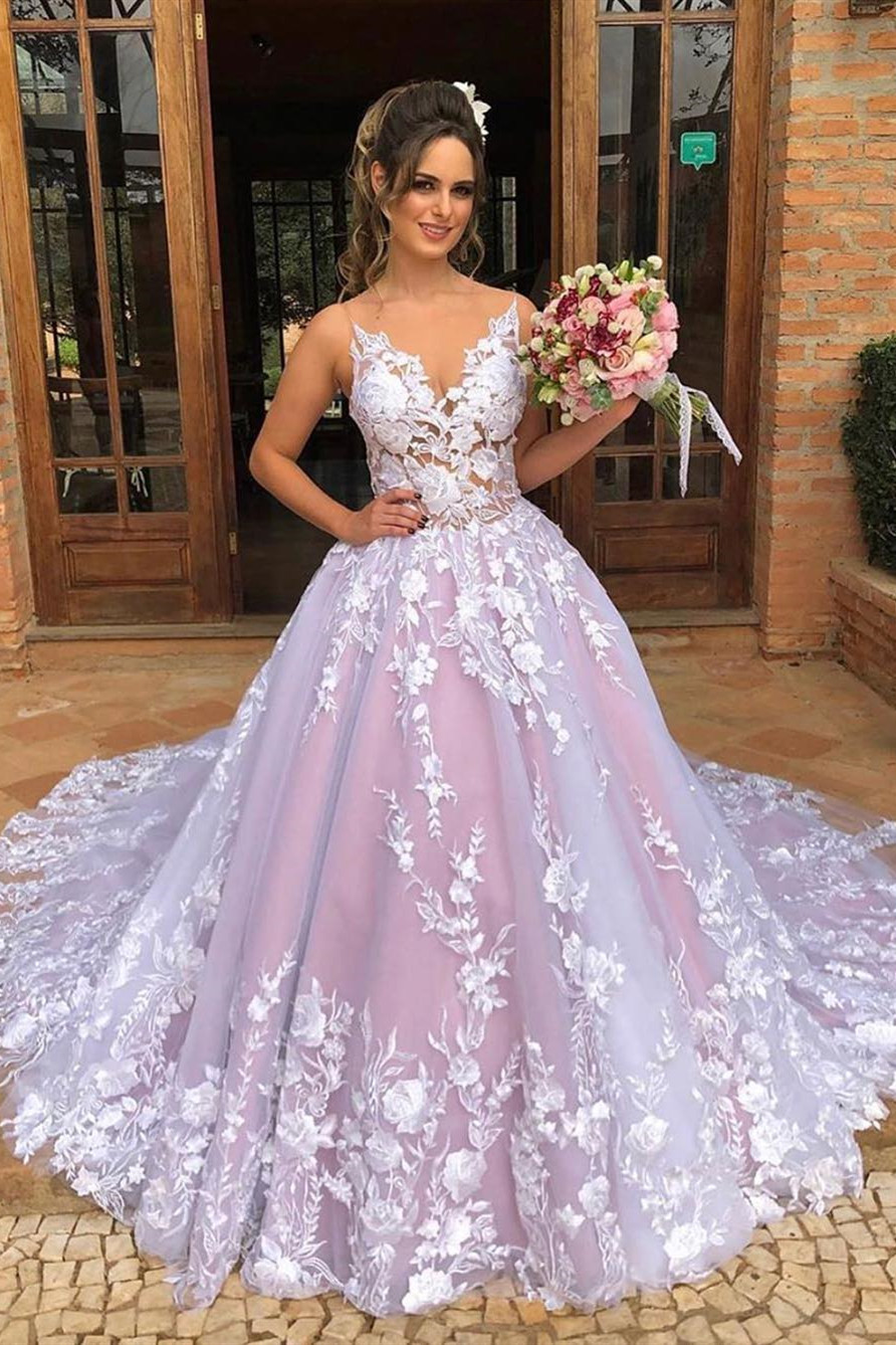 Sexy Spaghetti Straps V Neck See Through Bodice Prom Dress | Chic Tulle Lace Appliques Long Pink PromGown-newarrivaldress
