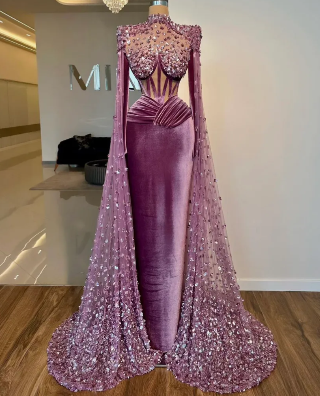 Luxury Glitter Sequins Ruched Velvet Bodycon Evening Gowns with High Neck Cape-newarrivaldress