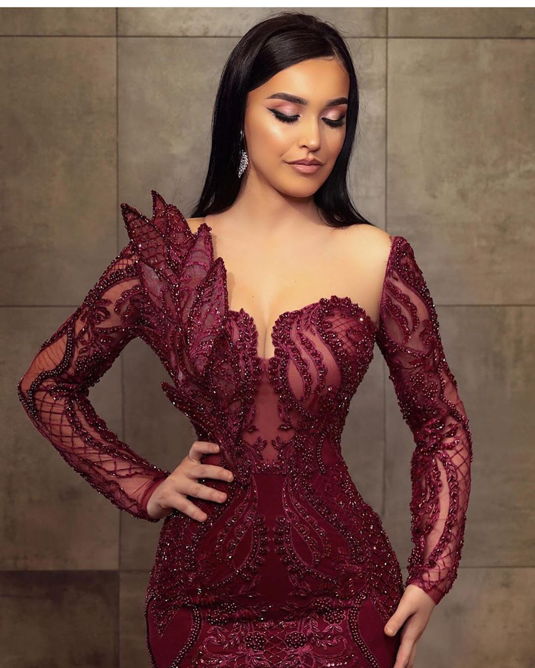 Charming Glitter Burgundy Long Sleeves Mermaid Prom Dress Beadings Evening Dress-newarrivaldress