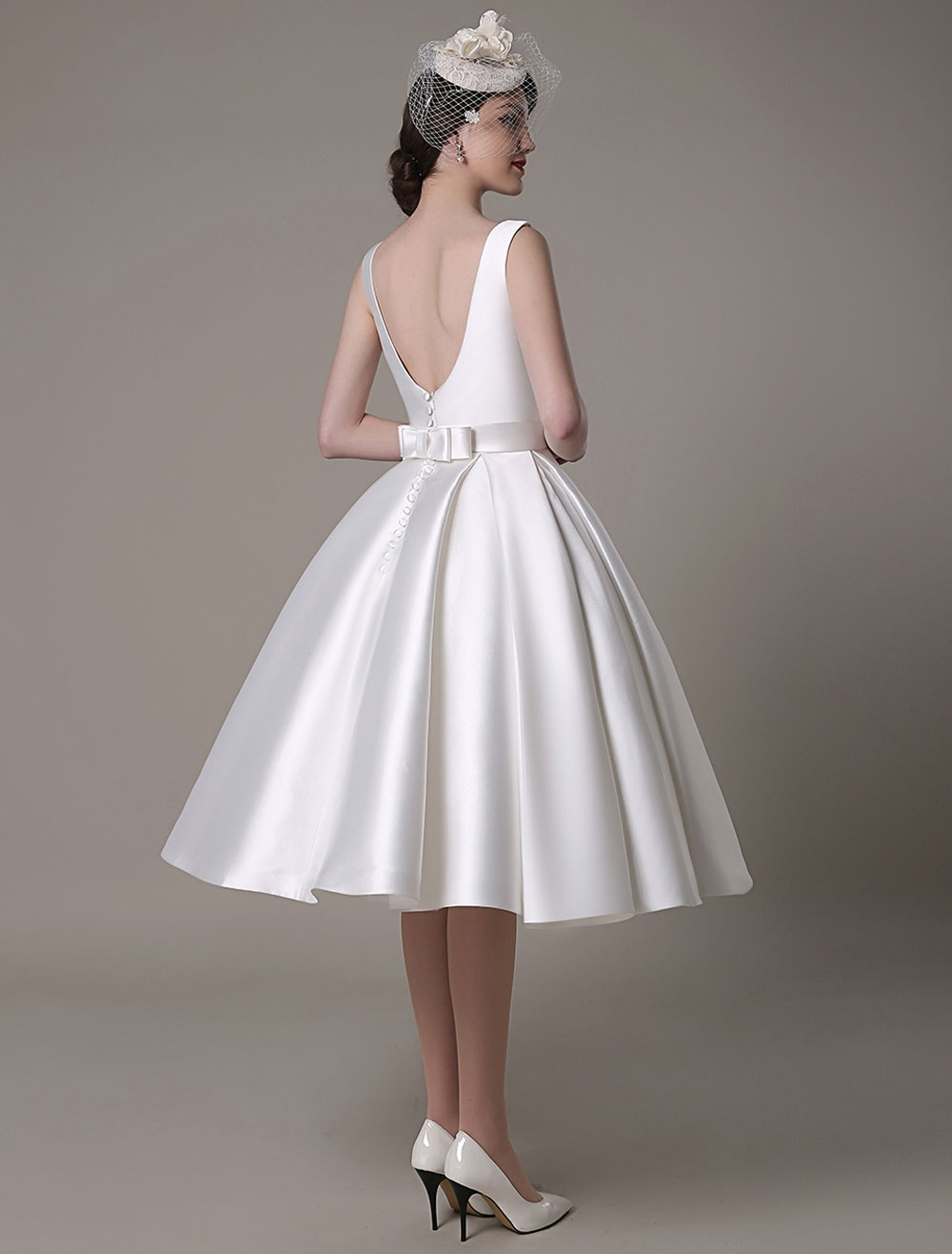 Ivory Wedding Dress Scoop Backless Knee Length Satin Wedding Gown Exclusive-newarrivaldress