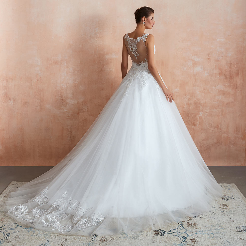 White Floral Lace Wedding Dress V-NeckTulle Aline Bridal Dress-newarrivaldress