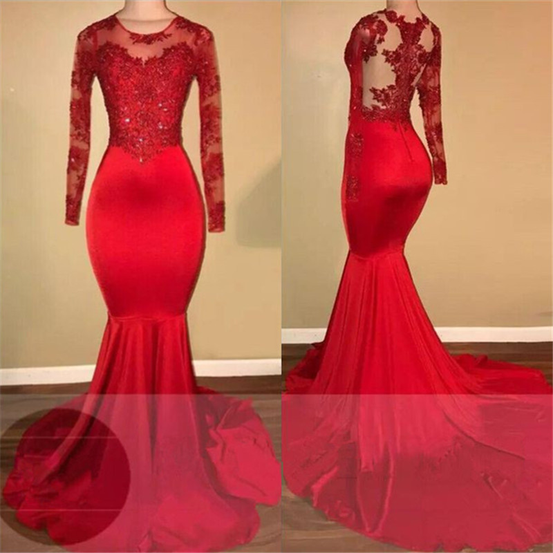 Long Sleeve Mermaid Lace Prom Dresses| Red Sheer Tulle Evening Gown FB0283-newarrivaldress