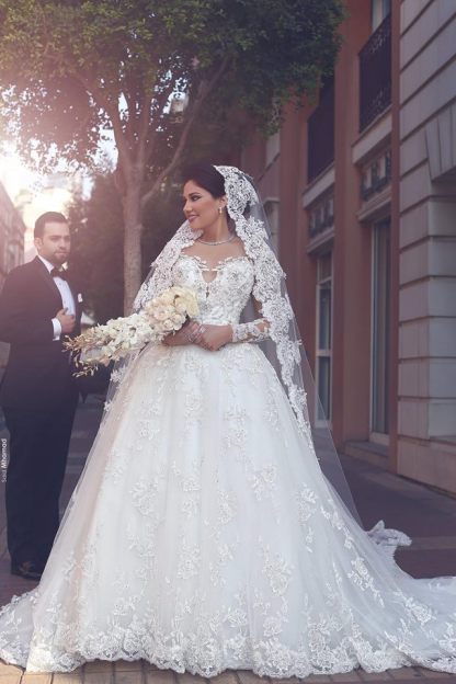 Elegant Long Sleeve Lace Wedding Dresses Online | See Through Ball Gown Bridal Gowns with Cathedral Train-newarrivaldress