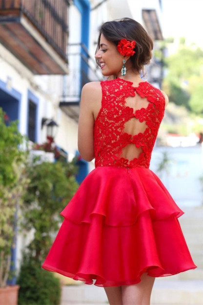 Modern Red LaceHomecoming Dress Layered Short Prom Dress-newarrivaldress