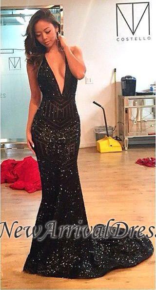 Open-Back Black Deep-V-Neck Halter Mermaid Sequins Prom Dress-newarrivaldress