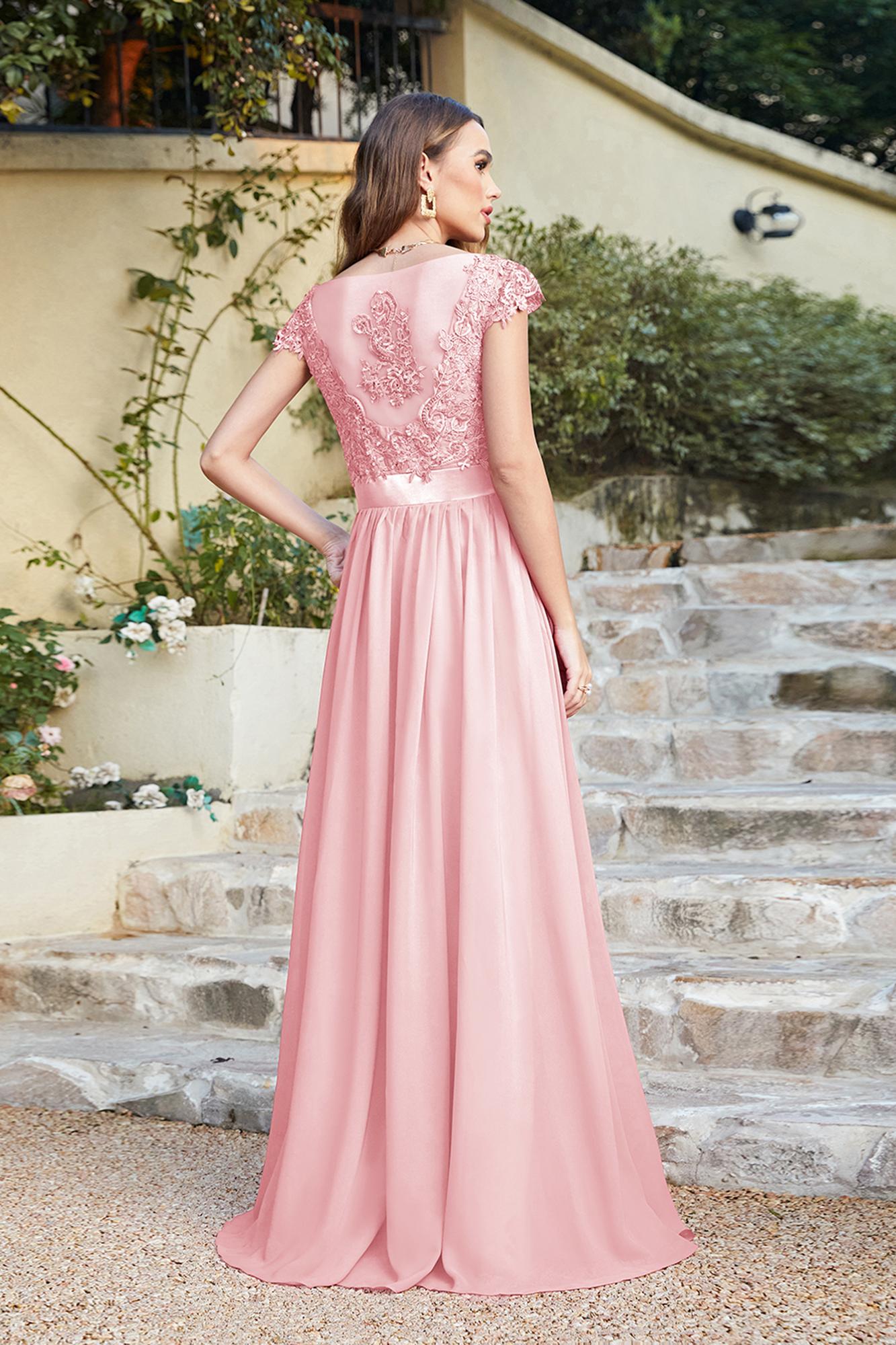 Chic Cap Sleeves Floral Lace Aline Long Evening Dresses Beadings Floor Length Chiffon Bridesmaid Dresses-newarrivaldress