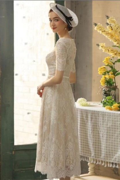 Elegant Half Sleeves Lace Short Wedding Dress Vintage Jewel Neck Ankle Length Bridal Dress-newarrivaldress