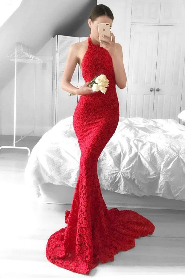 Sexy Red Mermaid Halter Sleeveless Backless Prom Dress-newarrivaldress
