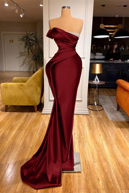 Charming Red Glitter Beadings Long Mermaid Prom Dress Satin Evening Dress