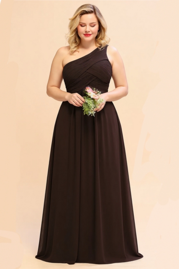 Plus Size Ruched Chiffon One Shoulder Bridesmaid Dress Long Wedding Guest Dress