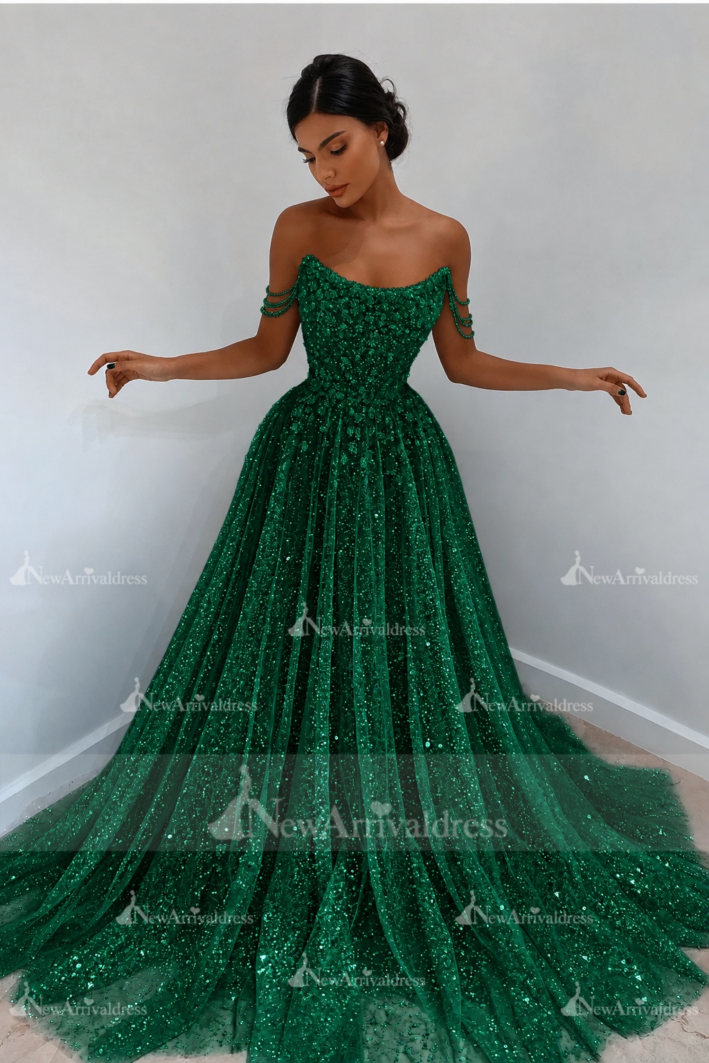 Beautiful Long A-line Sweetheart Sequined Prom Dress Off Shoulder Sky Blue Long Evening Dress