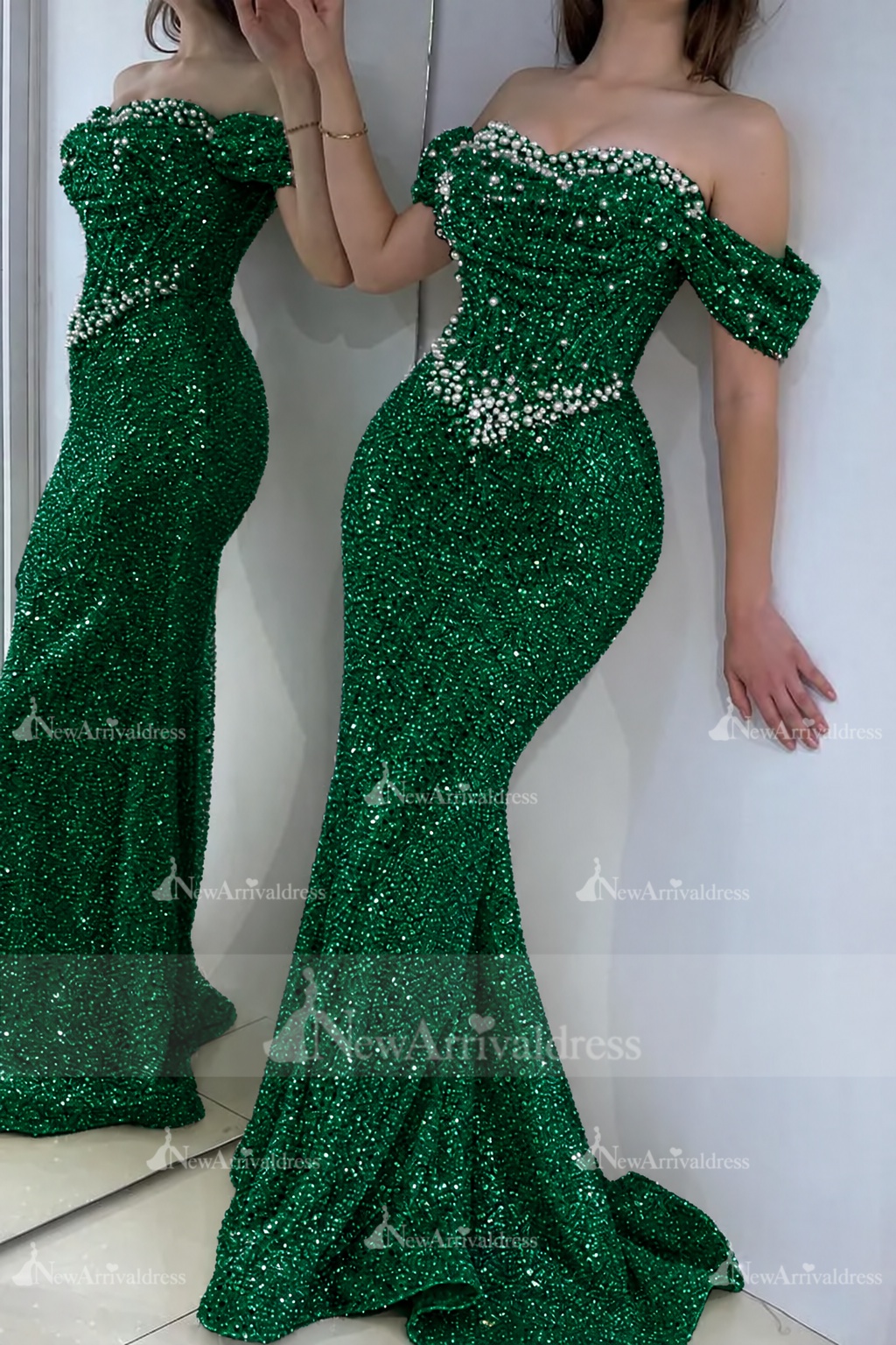 Gorgeous Off-the-Shoulder Sequins Pearls Bodycon Prom Dress Glitter Sweetheart Evening Dress