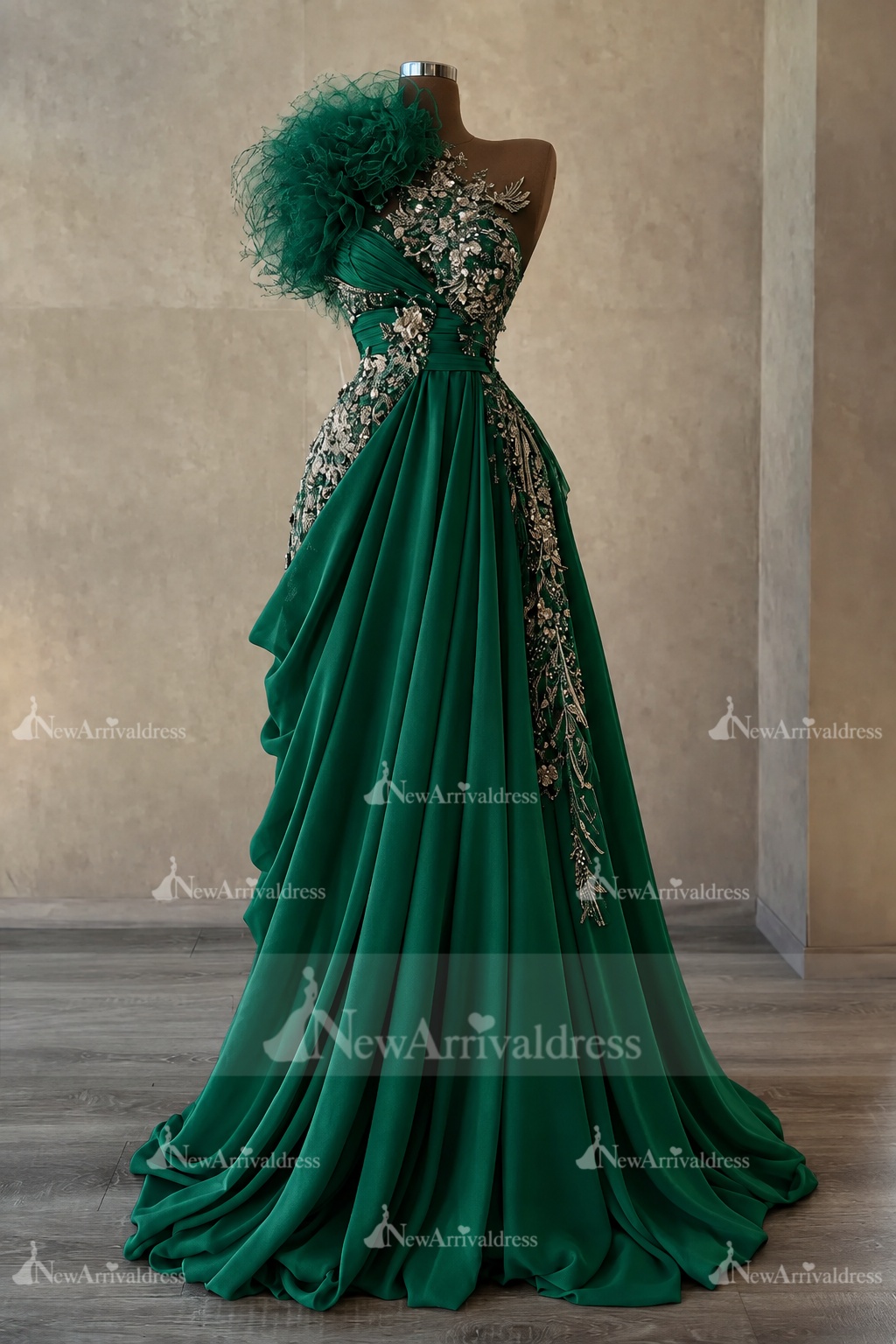 Stunning One Shoulder Flowers Ruched Satin Evening Dress Appliques Aline Party Dress