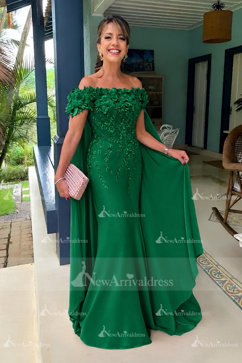 Off-the-Shoulder Pink Chiffon Flowers Long Mother of the Bride Dress with Cape