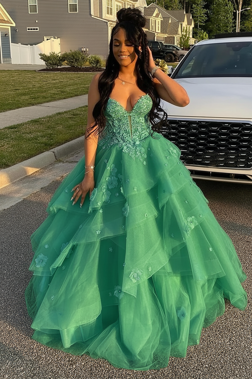 Emerald Green Spaghetti Straps Tulle Aline Prom Dress Floral Tiered Ruffles Corset Formal Dress