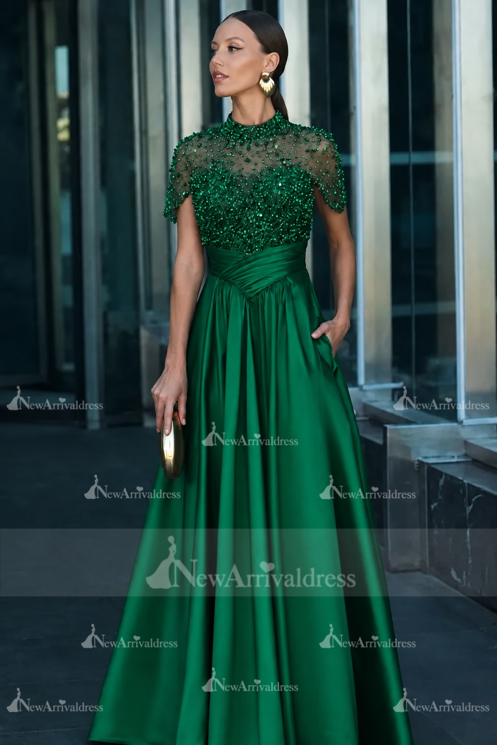 Dark Green Short Sleeves  Satin A-line Evening Dress with Beadings