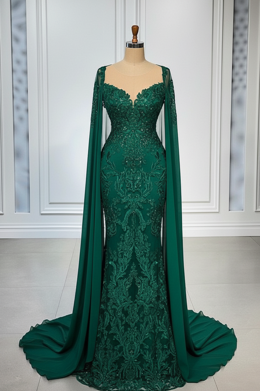 Amazing Red Mermaid Lace Evening Dress with Sweep Cape