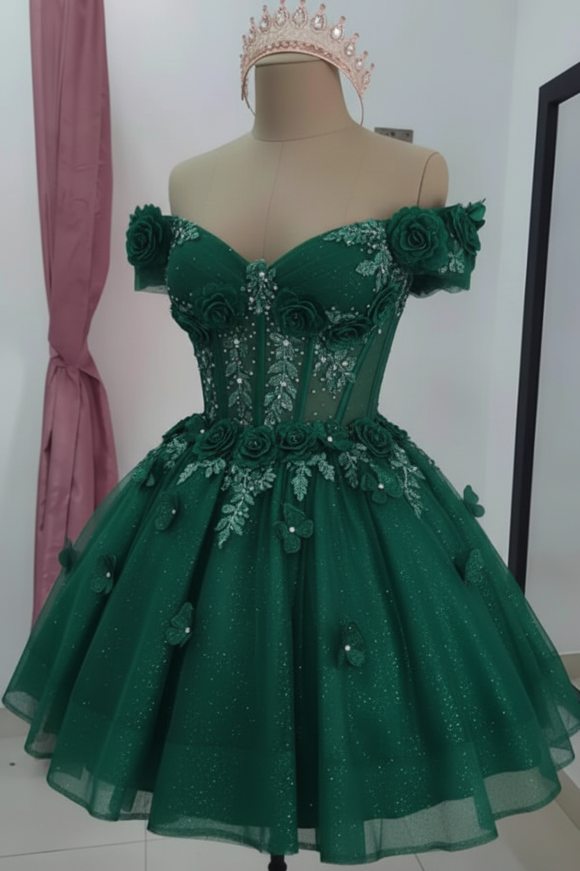 Emerald Green Sparkly Off Shoulder Tulle Homecoming Dresses Short