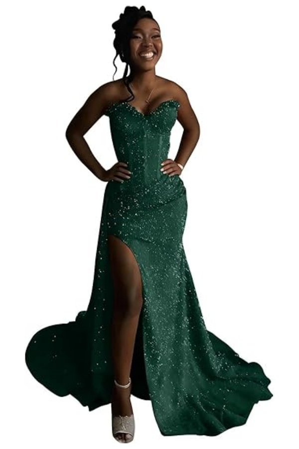 Sexy Orange Mermaid Prom Dress with Sequins High Split Strapless Long Party Dress