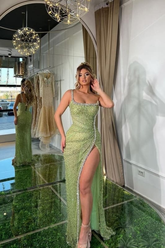 Exquisite Sage Satin Beading High Split Mermaid Prom Dresses with Spaghetti Straps