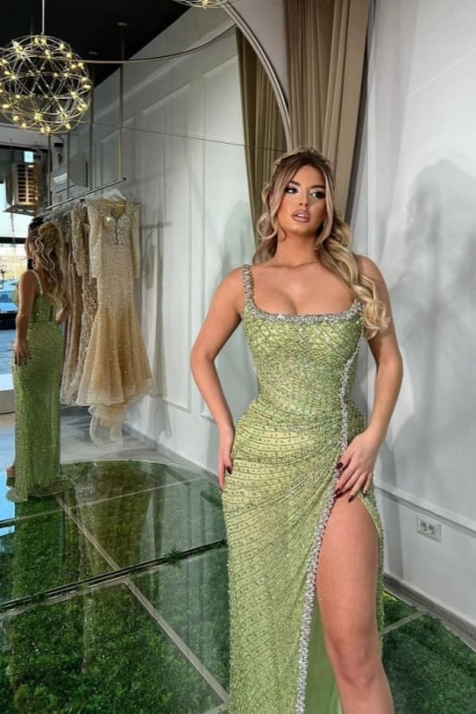 Exquisite Sage Satin Beading High Split Mermaid Prom Dresses with Spaghetti Straps