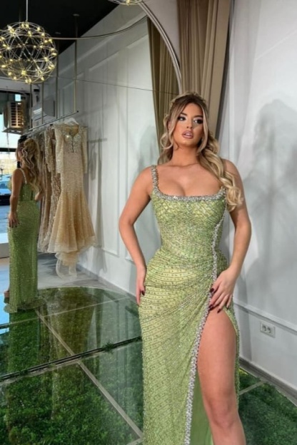 Exquisite Sage Satin Beading High Split Mermaid Prom Dresses with Spaghetti Straps