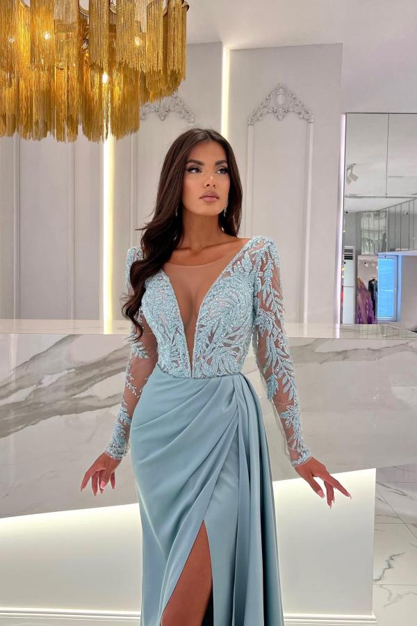 Charming V-Neck Satin Long Mermaid Prom Dress Long Sleeves Lace Side Split Evening Dresses-newarrivaldress