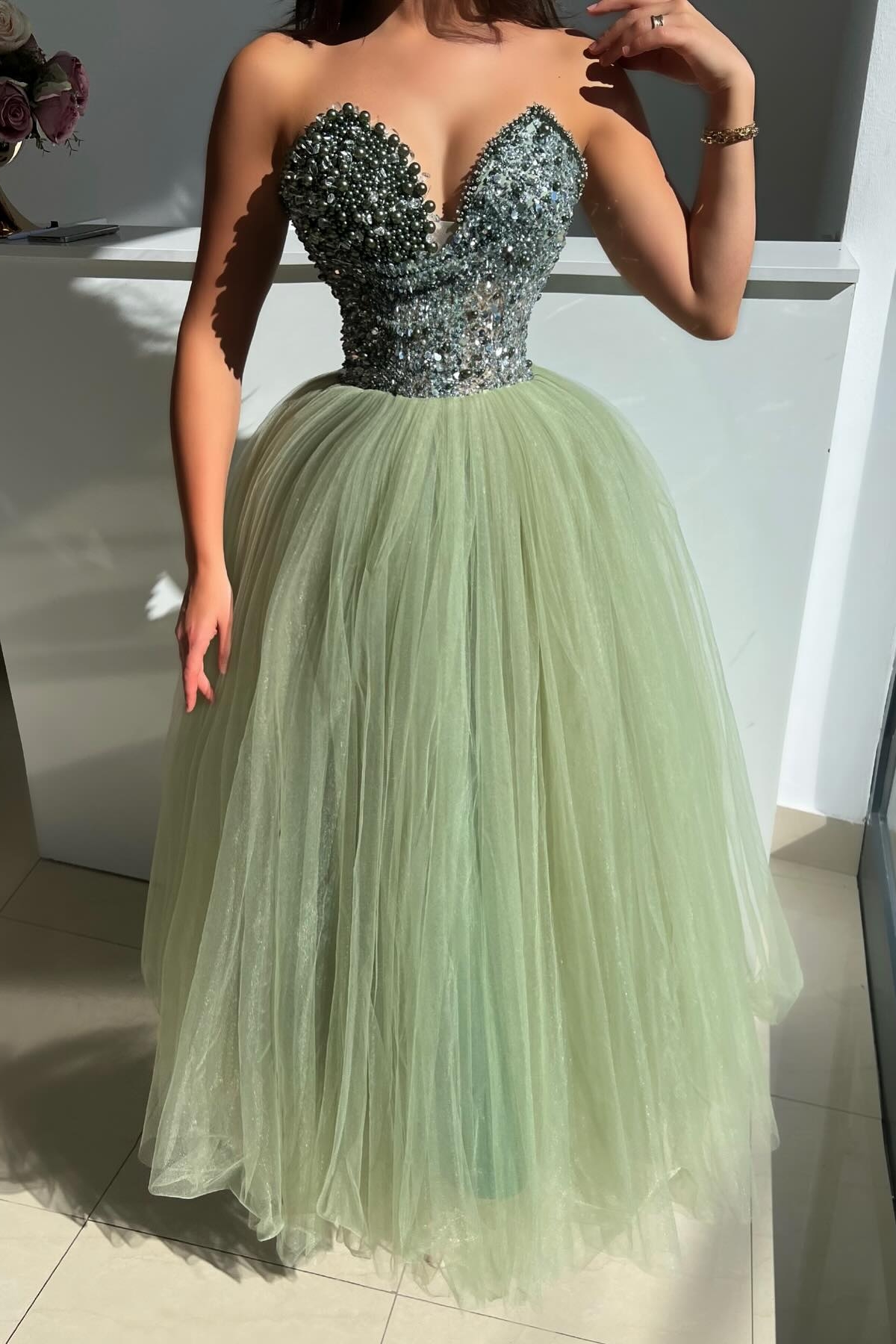 Strapless Sweetheart Pearls Aline Party Dress Green Tulle Sleeveless Special Occasion Dress-newarrivaldress