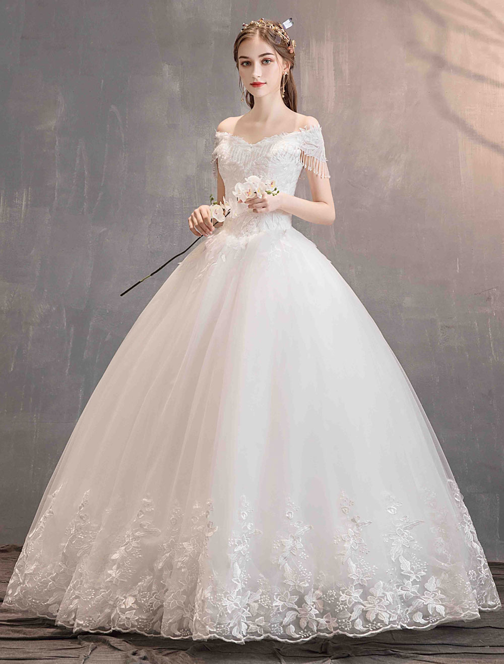 Tulle Wedding Dresses Princess Bridal Gown Off The Shoulder Lace Applique Floor Length Ball Gown Bridal Dress-newarrivaldress