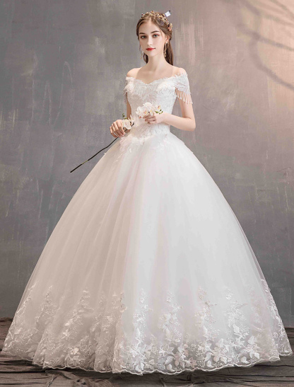 Tulle Wedding Dresses Princess Bridal Gown Off The Shoulder Lace Applique Floor Length Ball Gown Bridal Dress-newarrivaldress