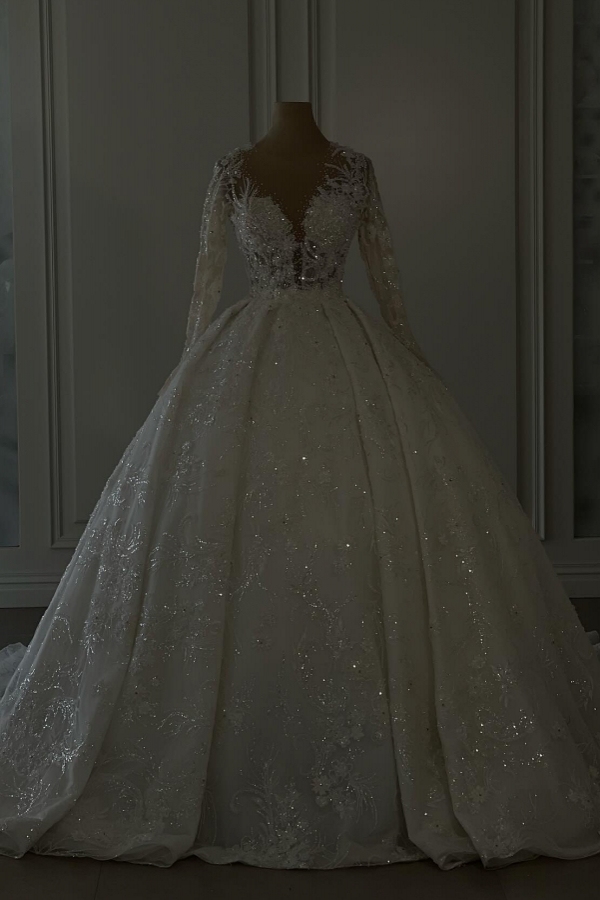 Luxury Sweetheart Lace Aline Bridal Gowns V-neck Long Sleeves Appliques Ball Gown Wedding Dress-newarrivaldress