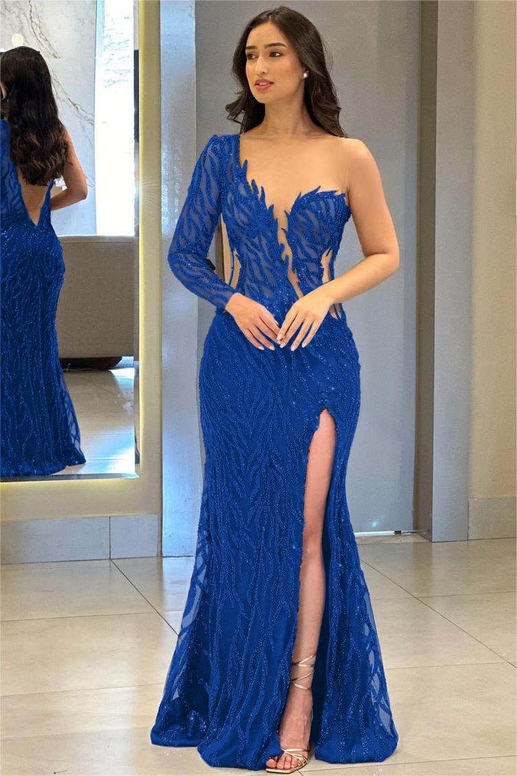 One Shoulder One Long Sleeve Backless Mermaid Split Prom Dress With Appliques