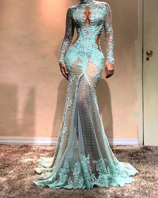 Sexy Lace Pearls Long Sleeve Evening Dress | Keyhole Evening Gown