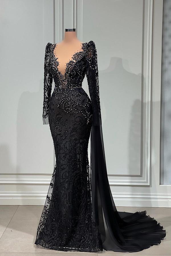 Stylish Black Aline Mermaid Evening Dress Deep V-Neck Beadings Long Sleeves Prom Dress-newarrivaldress