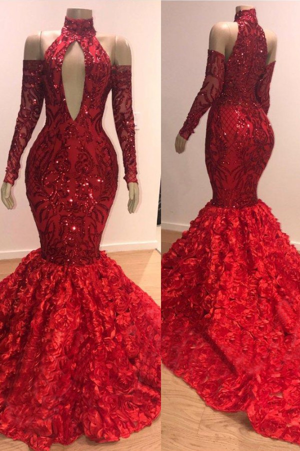 Red Floral Mermaid High Neck Long Sleeve Prom Dresses BC0767-newarrivaldress