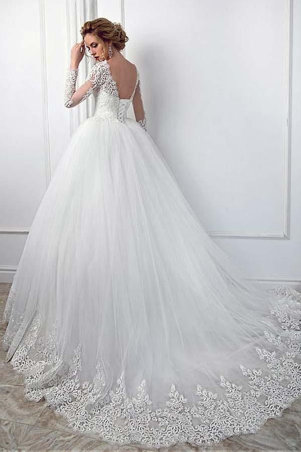 Elegant Bateau Neck Aline Wedding Dress Long Sleeves Tulle Lace Appliques Bridal Dress-newarrivaldress