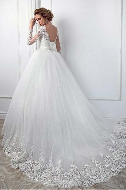 Elegant Bateau Neck Aline Wedding Dress Long Sleeves Tulle Lace Appliques Bridal Dress-newarrivaldress