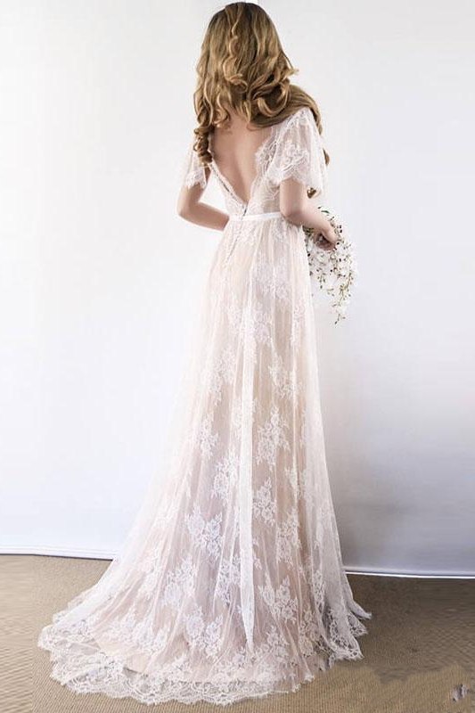 Lace Half Sleeves Boho Wedding Dress Chic Beach Bridal Gowns-newarrivaldress