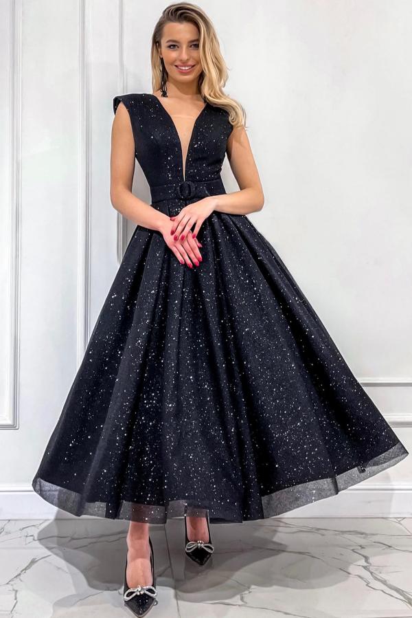 Glitter Sleeveless Black Sequins Ankle Length A-line Evening Dress-newarrivaldress