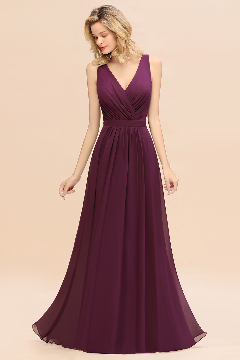 Elegant V-neck Ruched Chiffon Bridesmaid Dress Floor Length Wedding Party Dress-newarrivaldress