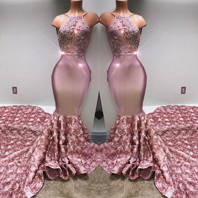 Gorgeous Pink Flowers Mermaid Prom Dresses | Halter Sleeveless Evening Gown BA7797-newarrivaldress