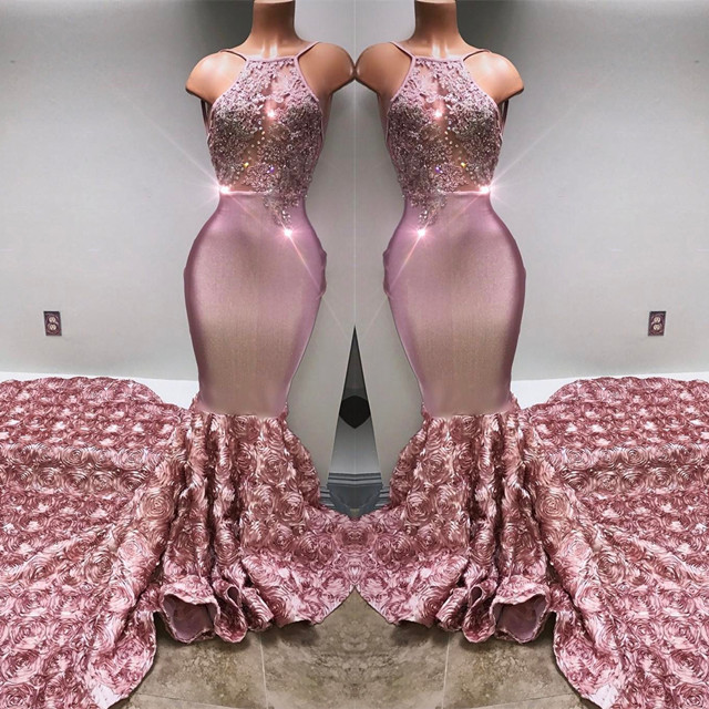 Gorgeous Pink Flowers Mermaid Prom Dresses | Halter Sleeveless Evening Gown BA7797-newarrivaldress