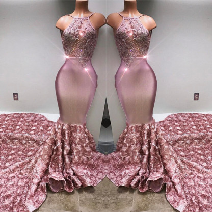 Gorgeous Pink Flowers Mermaid Prom Dresses | Halter Sleeveless Evening Gown BA7797-newarrivaldress